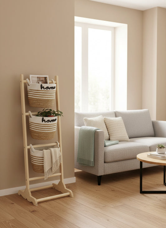 Storage stand with 3 round baskets white