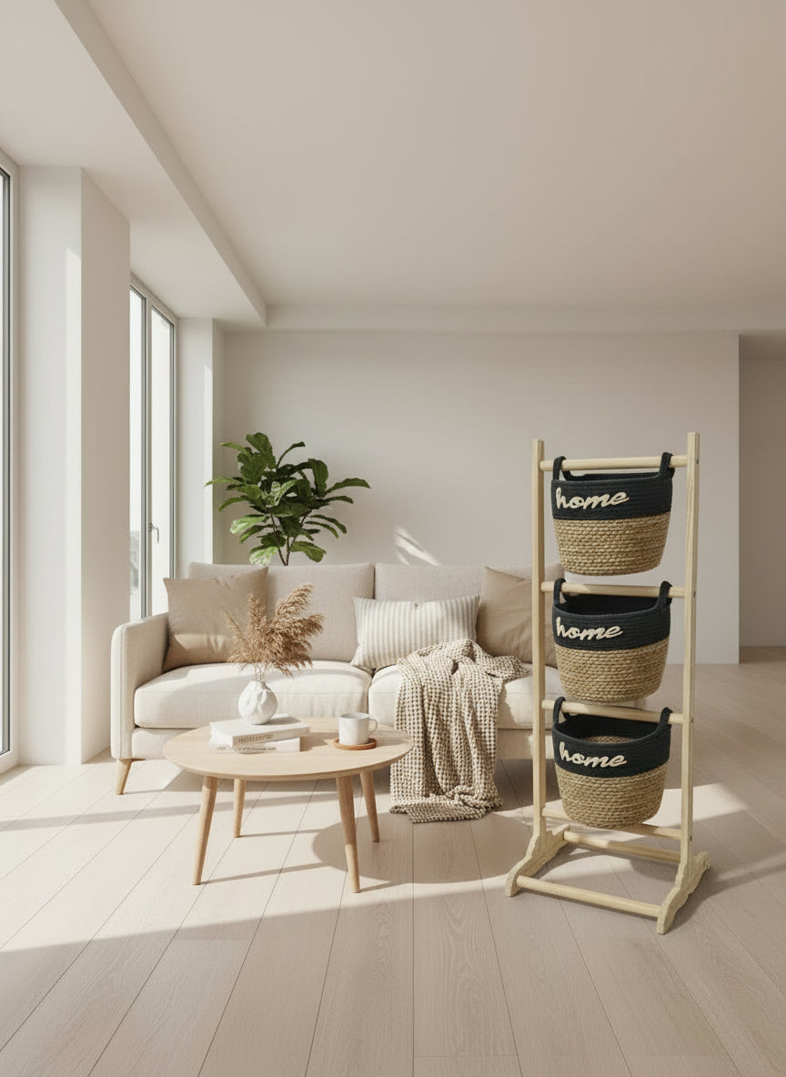 Storage stand with 3 round baskets black