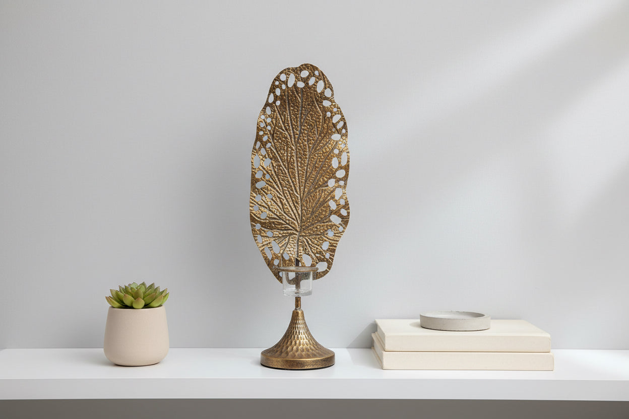 Metal leaf with glass candle holder