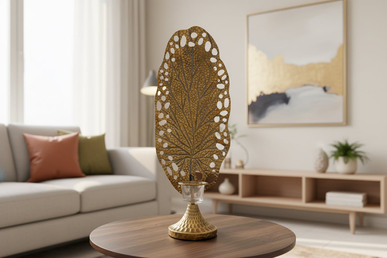 Metal leaf with glass candle holder