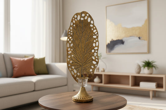 Metal leaf with glass candle holder