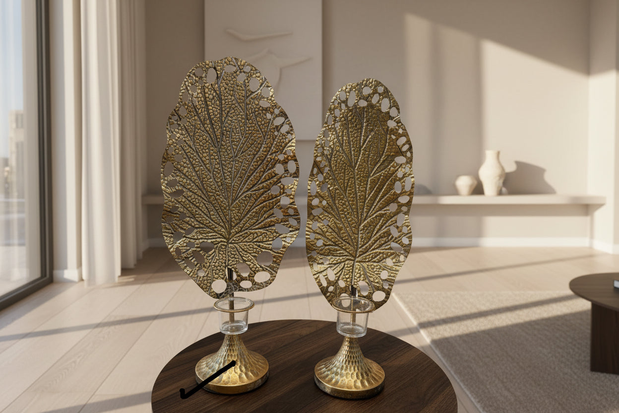 Metal leaf with glass candle holder big