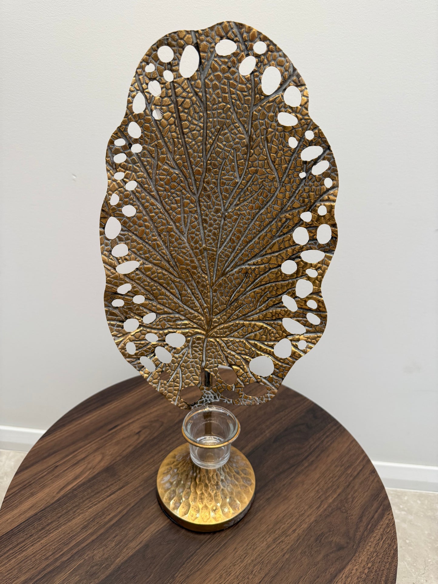 Metal leaf with glass candle holder big